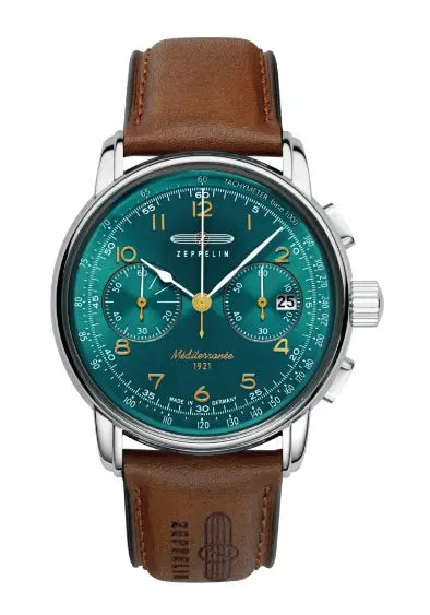 Zeppelin Herrenarmbanduhr Chronograph mit petrolfarbenem Zifferblatt und Lederarmband