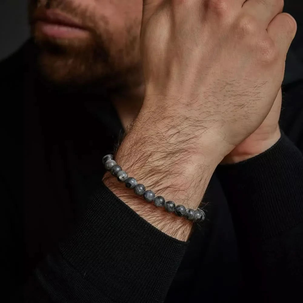 Bracciale in pietre di larvikite da 8 mm con chiusura in acciaio inossidabile - Rebel&Rose Modello: RR-80026-S-M