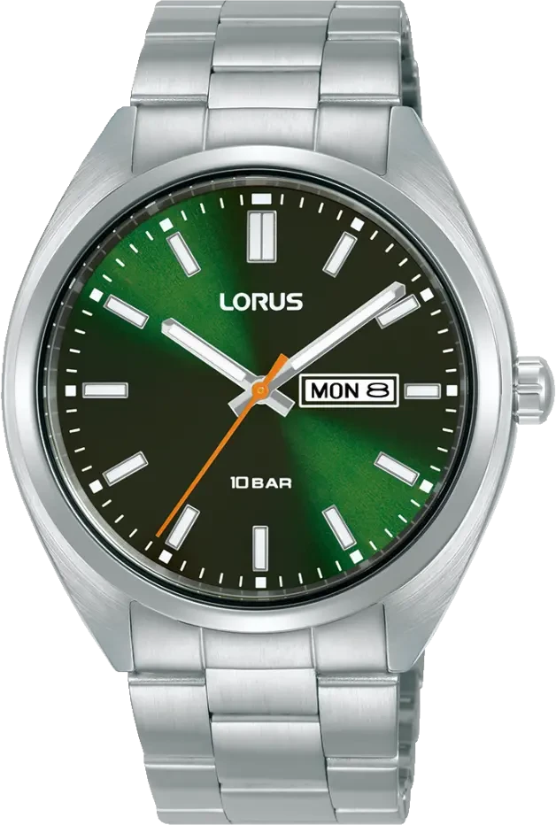 Orologio da uomo con bracciale in metallo color argento, cassa rotonda e quadrante verde con datario