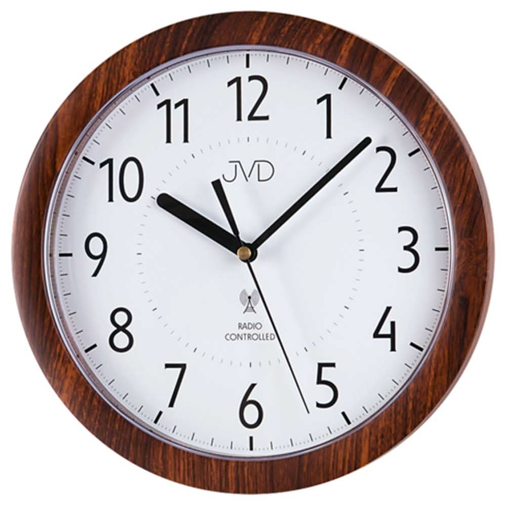 Orologio da parete rotondo con finitura effetto noce marrone, quadrante bianco, lancette e numeri neri