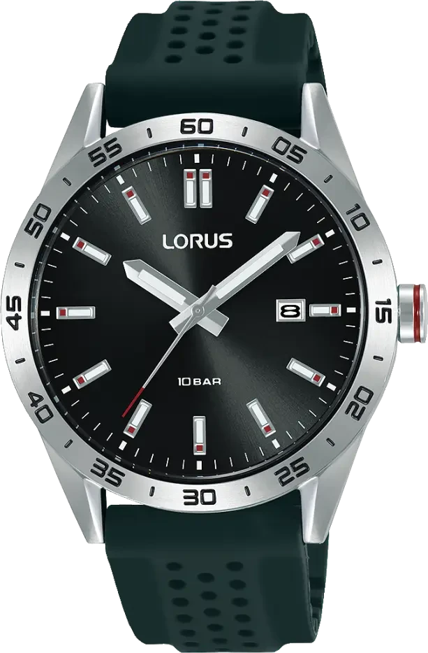 Orologio sportivo da uomo: quadrante nero, cassa in acciaio inossidabile, datario, cinturino in silicone verde, 10 bar