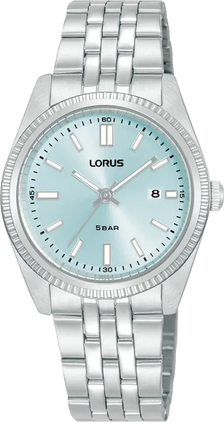 Orologio da donna in acciaio inossidabile con quadrante blu, logo LORUS, movimento al quarzo e datario