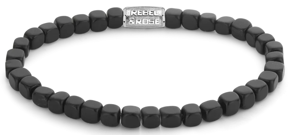 Bracciale nero in pietra ollare a forma di cubo con chiusura in acciaio inossidabile - Rebel&Rose Modello: RR-40079-S-M