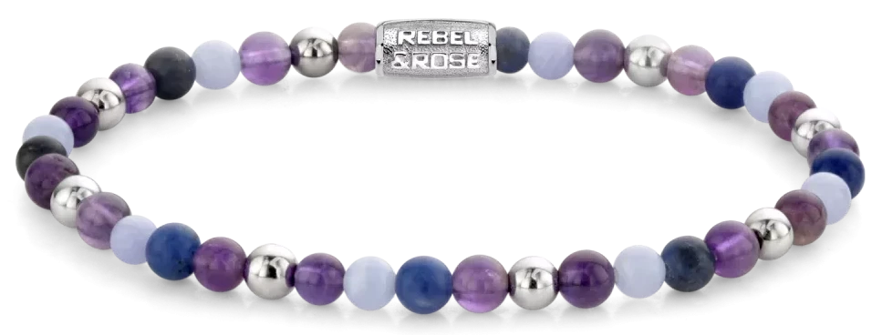 Bracciale in pietre dure miste viola e argento con chiusura in acciaio inossidabile - Rebel&Rose Modello: RR-40102-S-M