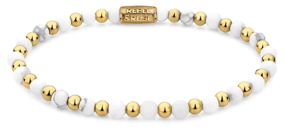 Bracciale in Howlite da 4mm e pietre color oro con chiusura in acciaio inossidabile - Rebel&Rose Modello: RR-40113-G-S
