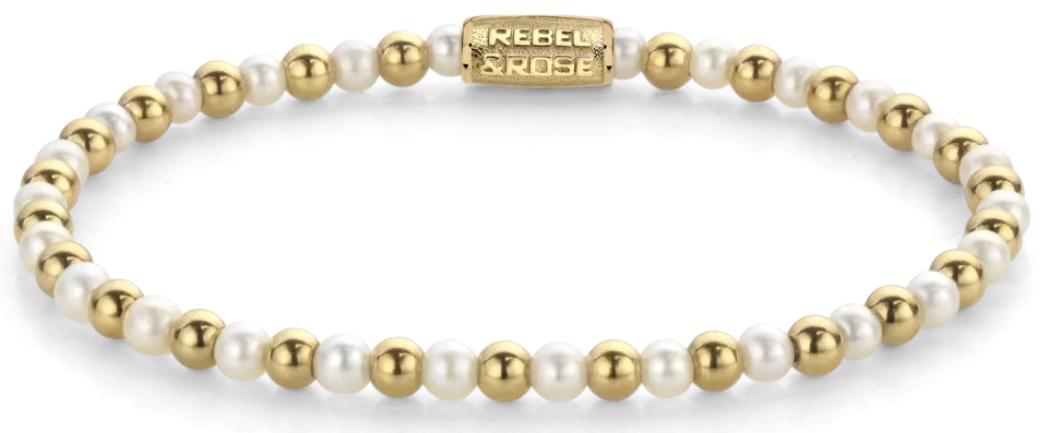 Bracciale in vere perle d'acqua dolce autentiche da 4 mm e pietre color oro con chiusura in acciaio inossidabile - Rebel&Rose Modello: RR-40126-G-M