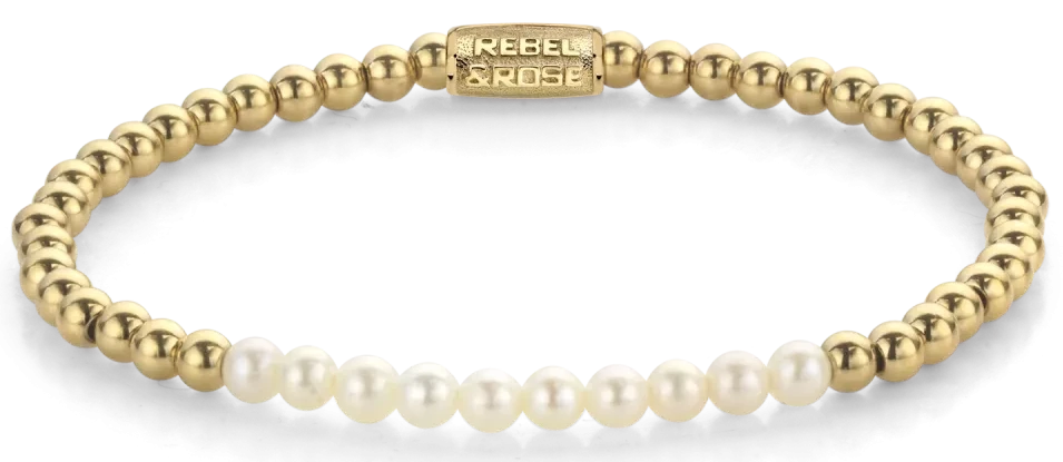 Bracciale in vere perle d'acqua dolce da 4 mm e pietre color oro con chiusura in acciaio inossidabile - Rebel&Rose Modello: RR-40127-G-M