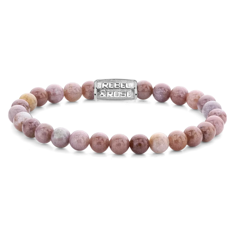Bracciale in pietre semipreziose di Rodonite da 6 mm con chiusura in acciaio inossidabile - Rebel&Rose Modello: RR-60038-S-M
