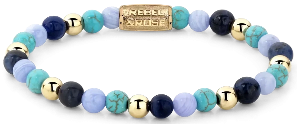 Bracciale in pietre da 6 mm Sodalite, Turchinite e Calcedonio Blu, pietre color oro e chiusura in acciaio inossidabile - Rebel&Rose Modello: RR-60043-G-S