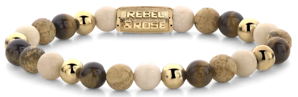 Bracciale in pietre dure da 6 mm, diaspro fossile e occhio di tigre giallo con chiusura in metallo - Rebel&Rose Modello: RR-60044-G-M