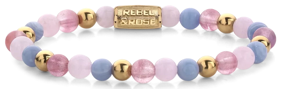 Bracciale in pietre dure da 6 mm Quarzo Ciliegia, Quarzo Rosa e Calcedonio Blu, pietre color oro e chiusura in acciaio inossidabile - Rebel&Rose Modello: RR-60055-G-S