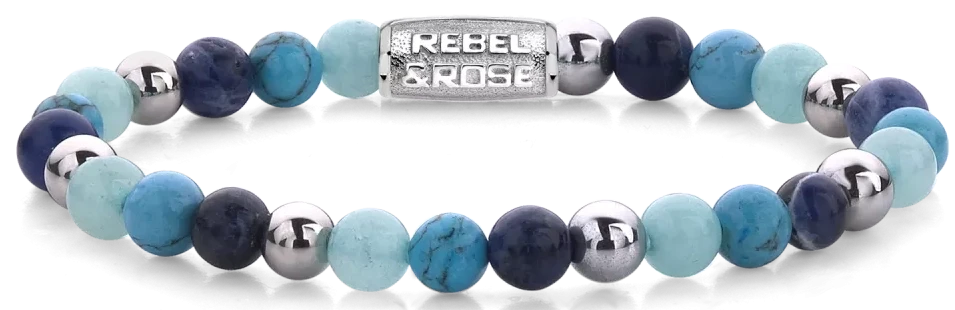 Bracciale in pietre dure da 6 mm Sodalite, Turchese e Giada Blu con chiusura in acciaio inossidabile color argento - Rebel&Rose Modello: RR-60056-S-M