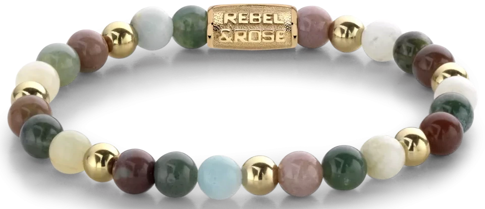 Bracciale in pietre dure colorate da 6 mm, pietre color oro e chiusura in acciaio inossidabile - Rebel&Rose Modello: RR-60077-G-M