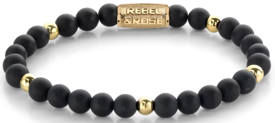 Armband mit schwarzen Perlen (6 mm) und goldfarbenen Elementen, Edelstahlverschluss