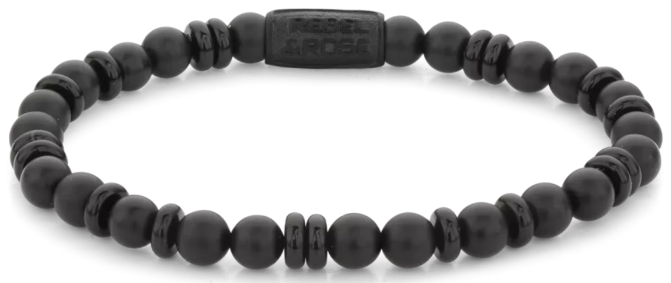Bracciale in onice nero naturale da 6 mm (parzialmente a disco, parzialmente perla) con chiusura in acciaio inossidabile nero - Rebel&Rose Modello: RR-60107-B-L