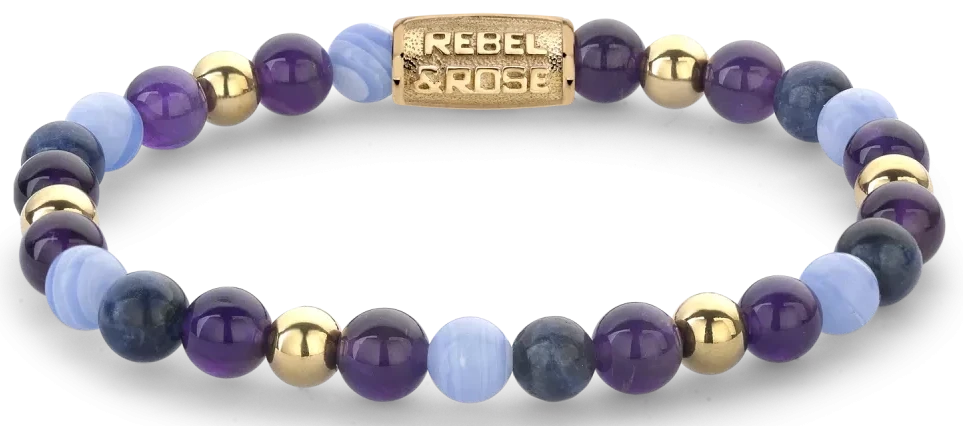 Bracciale in pietre da 6 mm (ametista, sodalite, agata, acciaio placcato oro 18 carati) con chiusura in acciaio inossidabile placcato oro - Rebel&Rose Modello: RR-60109-G-M