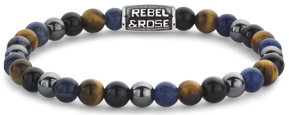 Bracciale in Sodalite da 6 mm, Occhio di Tigre Giallo, Occhio di Tigre Blu e Ematite Grigia con chiusura in acciaio inossidabile grigio - Rebel&Rose Modello: RR-60110-V-M