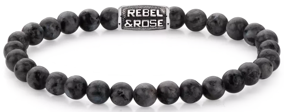Bracciale in pietre dure Larvikite nere da 6 mm con chiusura in acciaio inossidabile nero - Rebel&Rose Modello: RR-60117-V-M