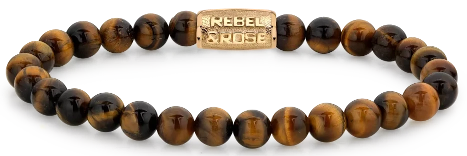 Bracciale in pietra naturale da 6 mm effetto occhio di tigre con chiusura in acciaio inossidabile placcato oro - Rebel&Rose Modello: RR-60120-G-M