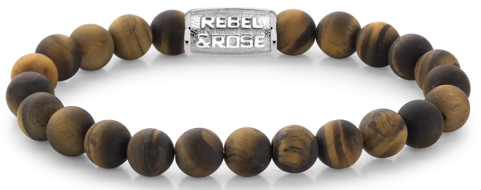 Bracciale in pietre di occhio di tigre da 8 mm con chiusura in acciaio inossidabile - Rebel&Rose Modello: RR-80023-S-M