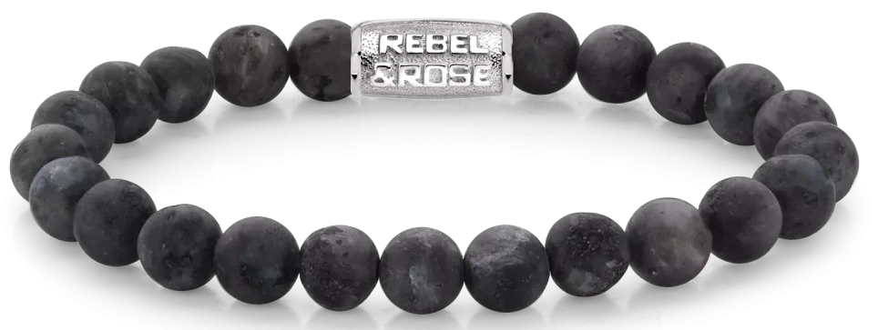 Bracciale in pietre di Larvikite da 8 mm con chiusura in acciaio inossidabile - Rebel&Rose Modello: RR-80025-S-L