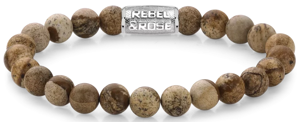Bracciale in pietre dure da 8 mm, diaspro, con chiusura in metallo - Rebel&Rose Modello: RR-80027-S-L