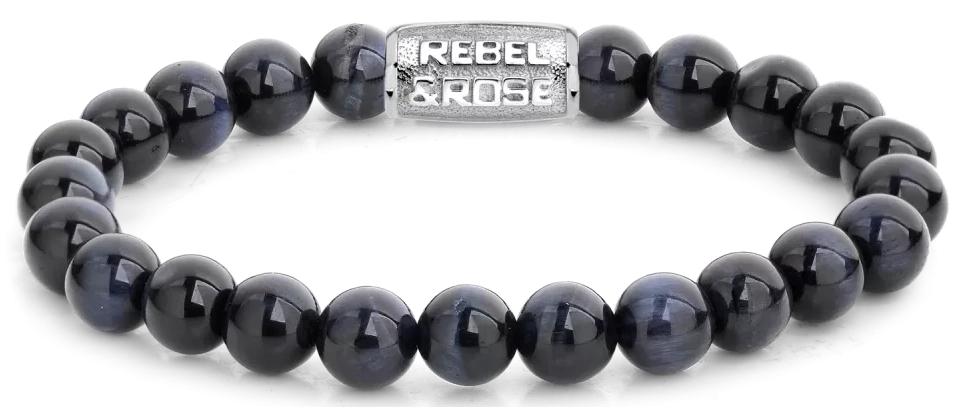 Bracciale in occhio di tigre blu scuro da 8 mm con chiusura in acciaio inossidabile - Rebel&Rose Modello: RR-80039-S-M