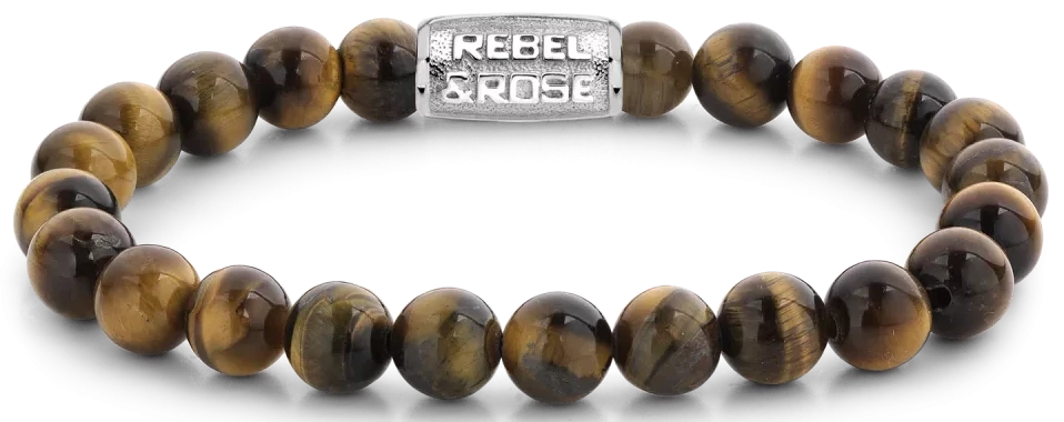 Bracciale in pietre di occhio di tigre da 8 mm con chiusura in acciaio inossidabile - Rebel&Rose Modello: RR-80042-S-M