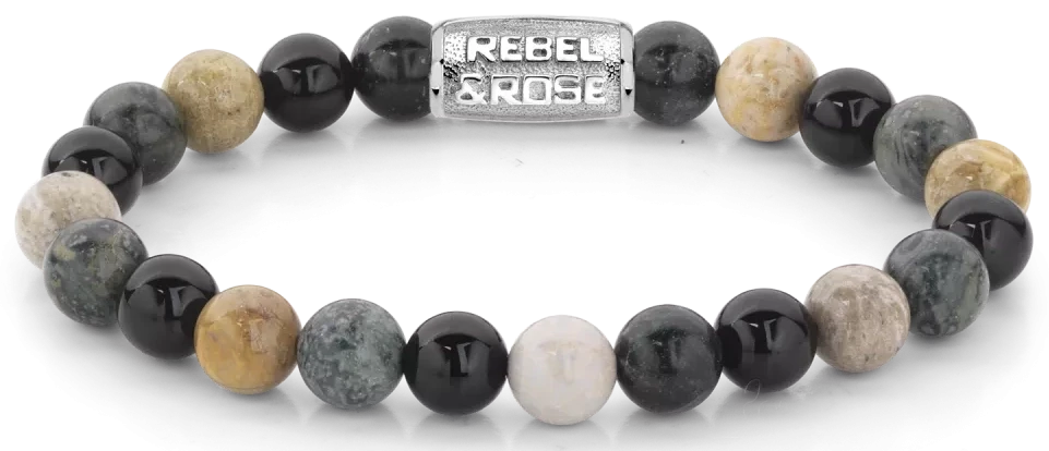 Bracciale in pietre semipreziose da 8 mm di Riolite, Crisantemo e Agata con chiusura in acciaio inossidabile - Rebel&Rose Modello: RR-80051-S-M