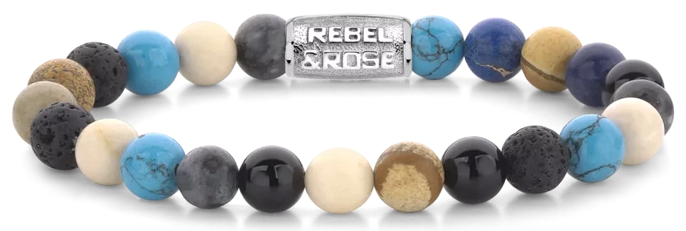 Bracciale in pietre dure da 8 mm: agata, larvikite, pietra lavica, diaspro paesaggio, turchese e fossile con chiusura in acciaio inossidabile - Rebel&Rose modello: RR-80064-S-L