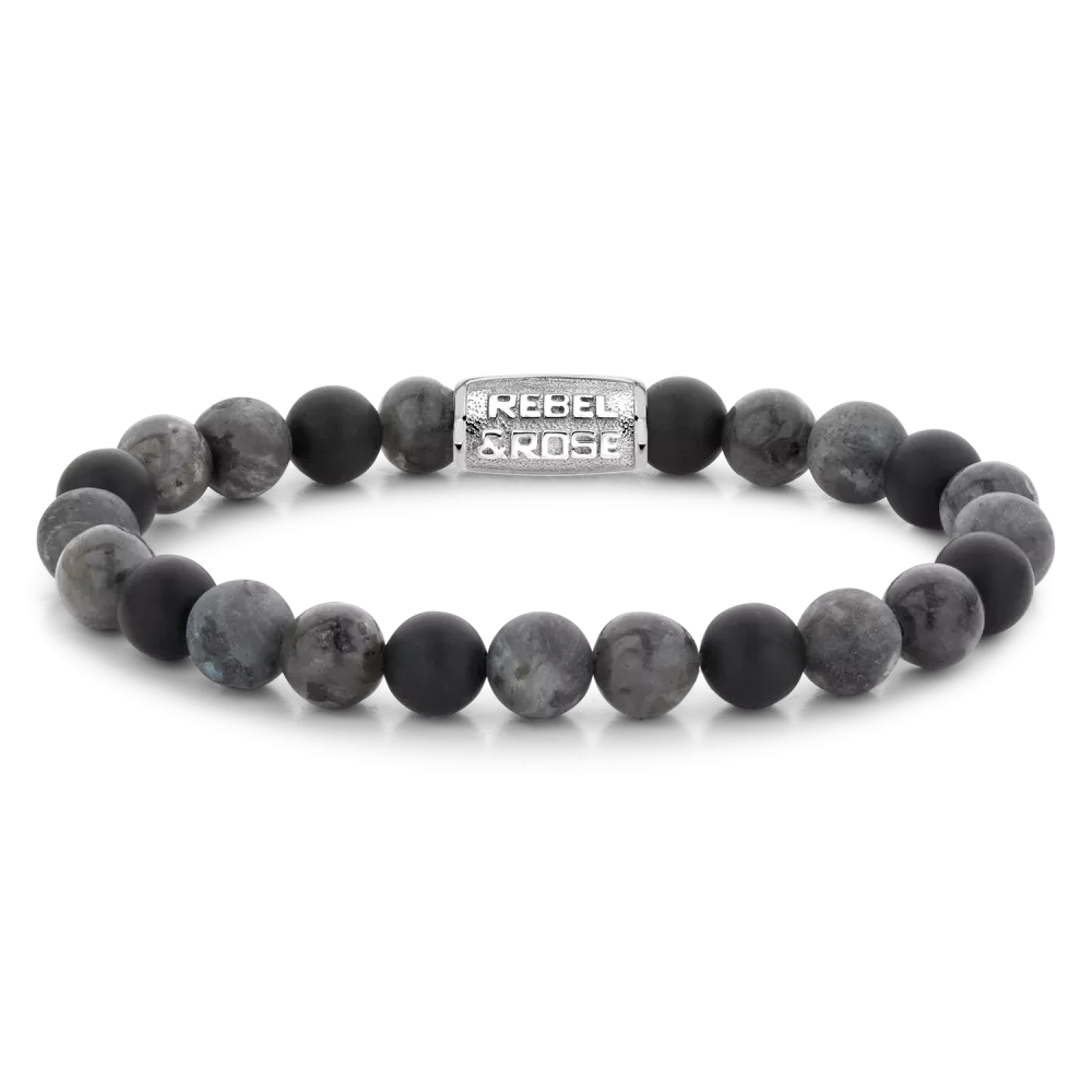 Bracciale in pietre semipreziose grigie da 8 mm con chiusura in acciaio inossidabile - Rebel&Rose Modello: RR-80069-S-M