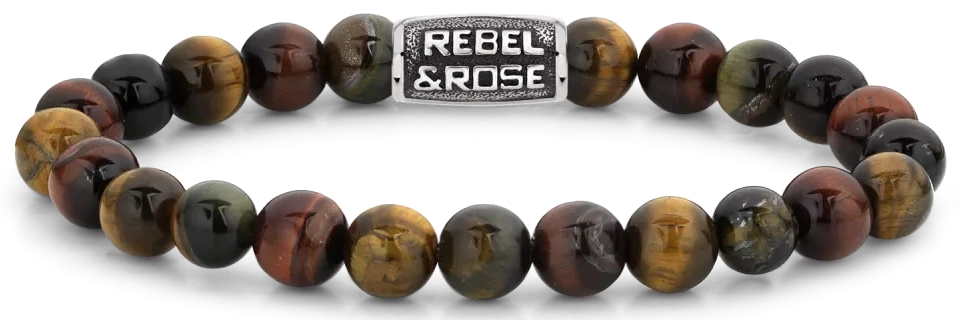 Bracciale in pietre semipreziose da 8 mm occhio di tigre con chiusura in metallo - Rebel&Rose Modello: RR-80095-V-M