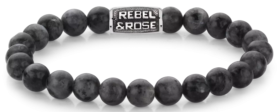 Bracciale in pietre semipreziose Larvikite nere da 8 mm con chiusura in acciaio nero - Rebel&Rose Modello: RR-80097-V-M