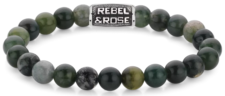Bracciale in pietre semipreziose di agata muschiata verde scuro da 8 mm con chiusura in acciaio verde scuro - Rebel&Rose Modello: RR-80098-V-L