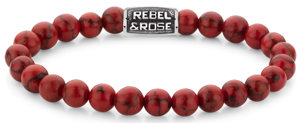Bracciale in pietre dure rosse da 8 mm con chiusura in acciaio inossidabile grigio - Rebel&Rose Modello: RR-80099-V-L