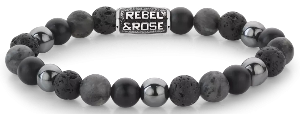 Bracciale in onice nero, lava, larvikite ed ematite da 8 mm con chiusura in acciaio inossidabile grigio - Rebel&Rose Modello: RR-80105-V-L