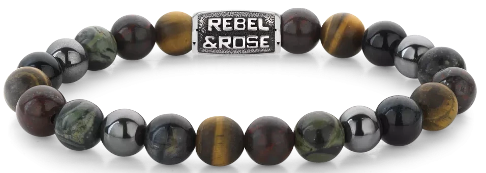 Bracciale in pietre da 8 mm occhio di tigre blu, occhio di tigre giallo, diaspro brecciato, riolite e ematite grigia con chiusura in acciaio inossidabile grigio - Rebel&Rose Modello: RR-80106-V-M