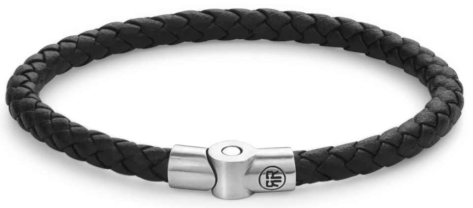 Bracciale in cordino di pelle nera spesso 5 mm con chiusura in acciaio inossidabile - Modello Rebel&Rose: RR-M0040-S-M
