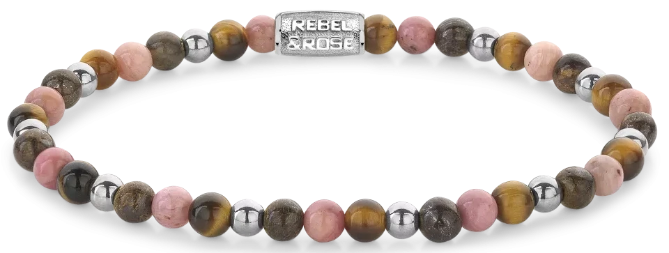 Bracciale in pietre da 4 mm (ematite, occhio di tigre, rodocrosite e bronzite) con chiusura in acciaio inossidabile - Rebel&Rose Modello: RR-40128-S-S