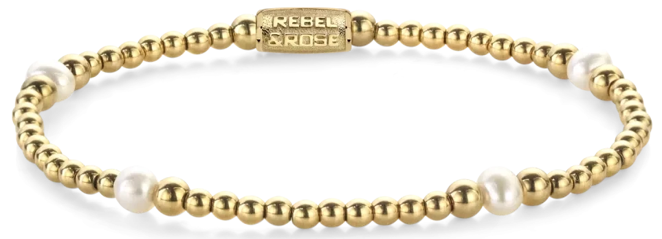 Bracciale in vere perle d'acqua dolce da 4 mm, pietre in acciaio inossidabile placcato oro da 3 e 4 mm e chiusura in acciaio inossidabile - Rebel&Rose Modello: RR-40136-G-M