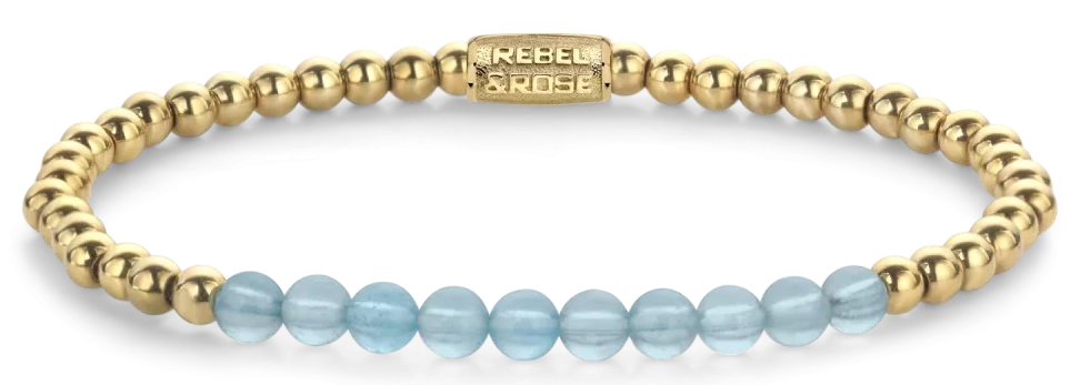 Bracciale in vere perle di acquamarina autentiche da 4 mm, pietre in acciaio inossidabile placcato oro da 4 mm e chiusura in acciaio inossidabile - Rebel&Rose Modello: RR-40137-G-S