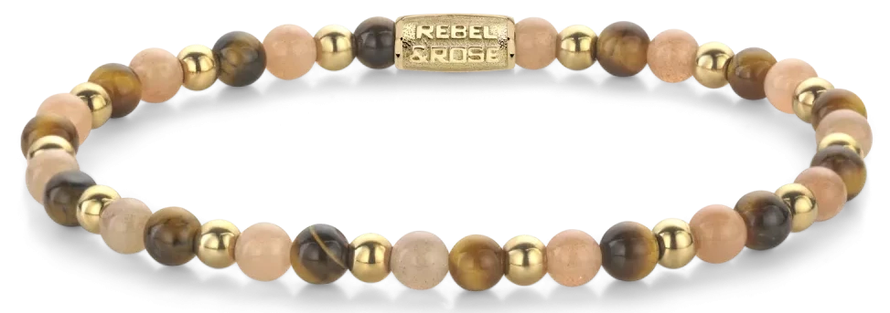 Bracciale in pietre da 4 mm (occhio di tigre, pietra del sole, pietre color oro) e chiusura in acciaio inossidabile - Rebel&Rose Modello: RR-40140-G-M