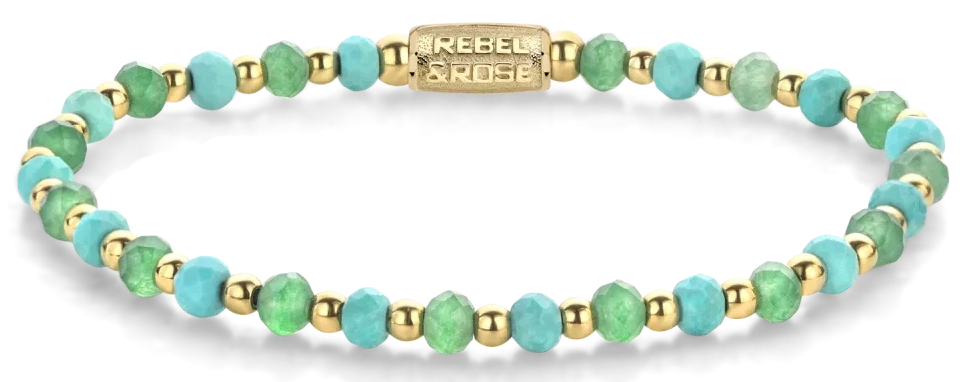Bracciale in perle sfaccettate di turchese e avventurina verde da 4 mm con chiusura in acciaio inossidabile - Rebel&Rose Modello: RR-40143-G-M