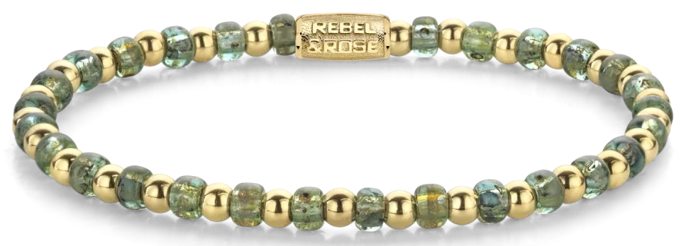 Bracciale in pietre di vetro verdi da 4 mm, perline in acciaio inossidabile placcato oro e chiusura in acciaio inossidabile - Rebel&Rose Modello: RR-40145-G-M