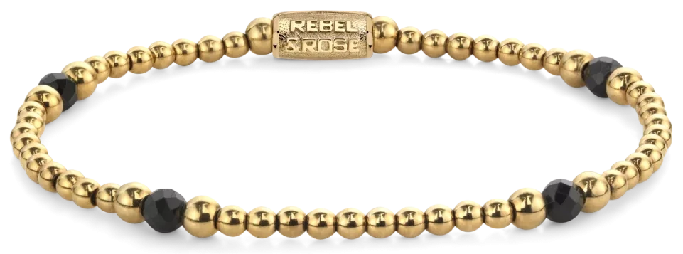 Bracciale in spinello nero sfaccettato da 4 mm, perline in acciaio inossidabile placcato oro da 3 e 4 mm e chiusura in acciaio inossidabile - Rebel&Rose Modello: RR-40151-G-S