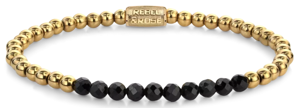 Bracciale in spinello nero sfaccettato da 4 mm, perline in acciaio inossidabile placcato oro e chiusura in acciaio inossidabile - Rebel&Rose modello: RR-40152-G-S