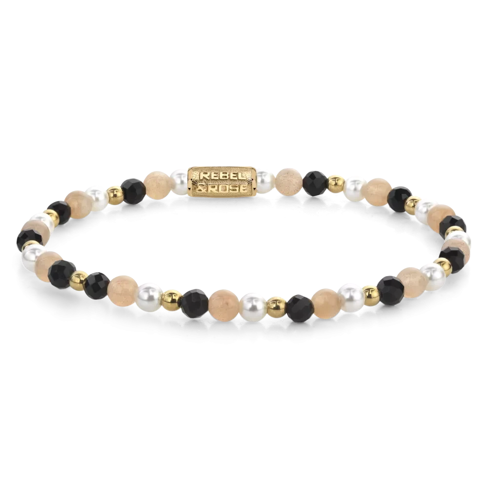 Bracciale in pietre da 4 mm (Spinello nero, perla di conchiglia, eliolite, pietre color oro) e chiusura in acciaio inossidabile - Rebel&Rose Modello: RR-40154-G-M