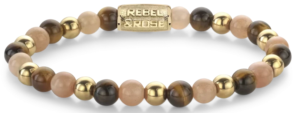 Armband mit Steinperlen, goldfarbener Verschluss, REBEL & ROSE Gravur