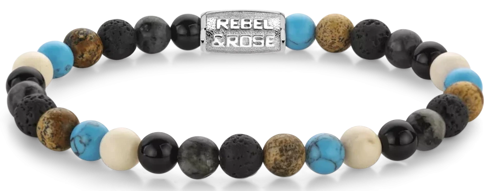 Bracciale in pietre dure da 6 mm (Agata, Larvikite, Pietra lavica, Diaspro paesaggio, Turquenite). Pietre dure con chiusura in acciaio inossidabile grigio - Rebel&Rose Modello: RR-60131-S-M