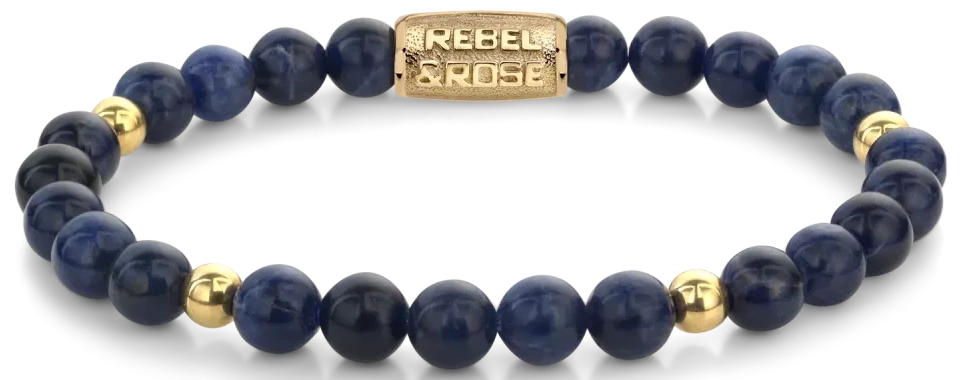 Armband aus blauen Sodalith-Perlen mit goldfarbenen Elementen und Verschluss Rebel&Rose